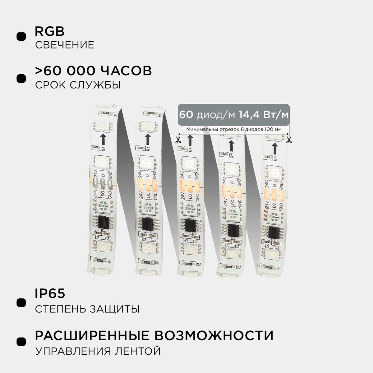 фото комплект адресной светодиодной ленты apeyron 14,4w/m 60led/m 5050smd rgb 10m 10-100 | 220svet.ru