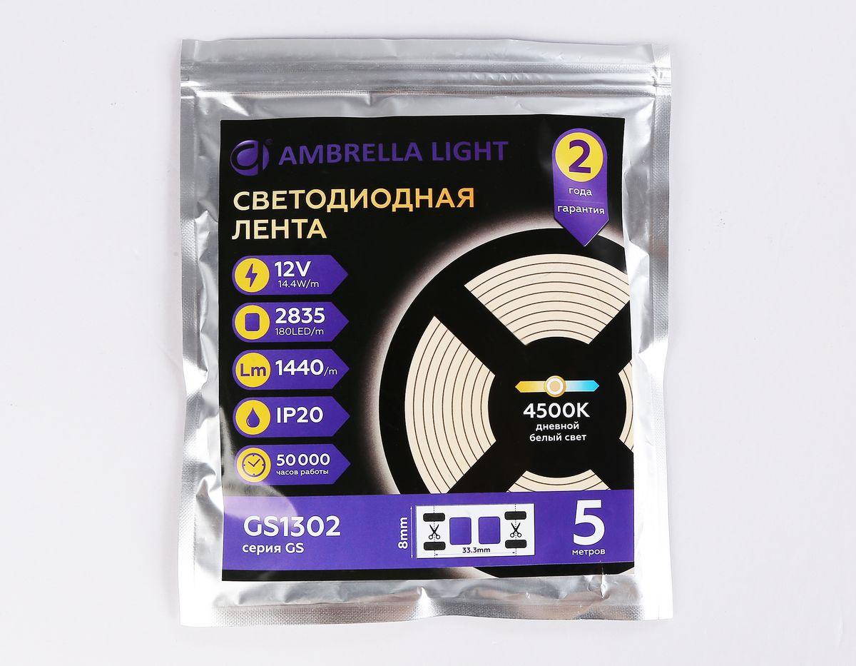 фото светодиодная лента дневной белый ambrella light 14,4w/m 180led/m 2835smd 4500к 5m gs1302 | 220svet.ru