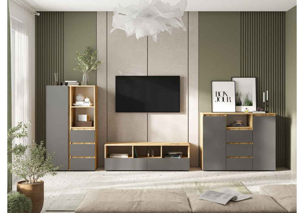 фото комод woodville элла серый графит / дуб крафт золото 586664 | 220svet.ru