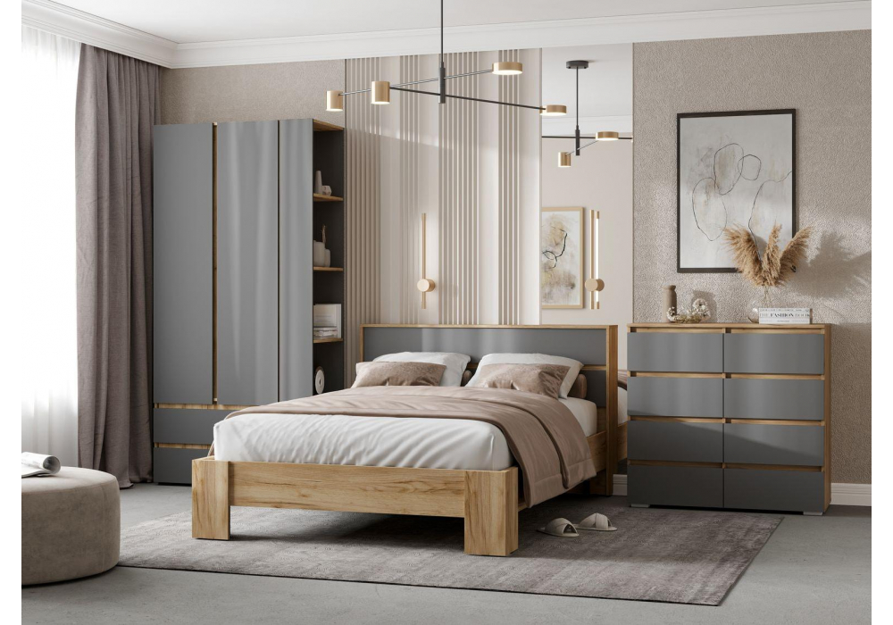 фото полутораспальная кровать woodville элла 140х200 серый графит 0162 / дуб крафт золото 586702 | 220svet.ru