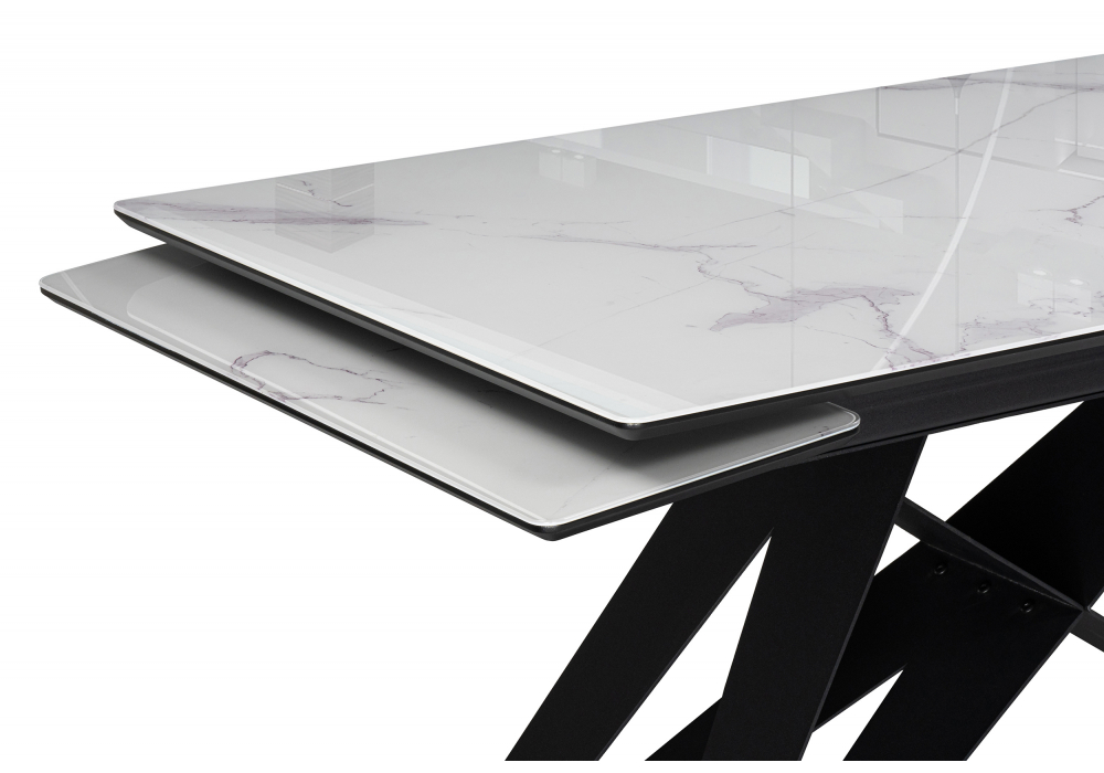 фото стол стеклянный раскладной woodville блэкберн 140(200)х80х75 белый мрамор кристл / черный 612167 | 220svet.ru