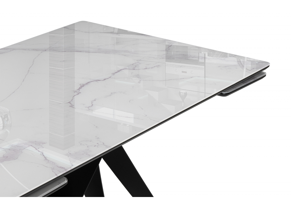 фото стол стеклянный раскладной woodville блэкберн 140(200)х80х75 белый мрамор кристл / черный 612167 | 220svet.ru