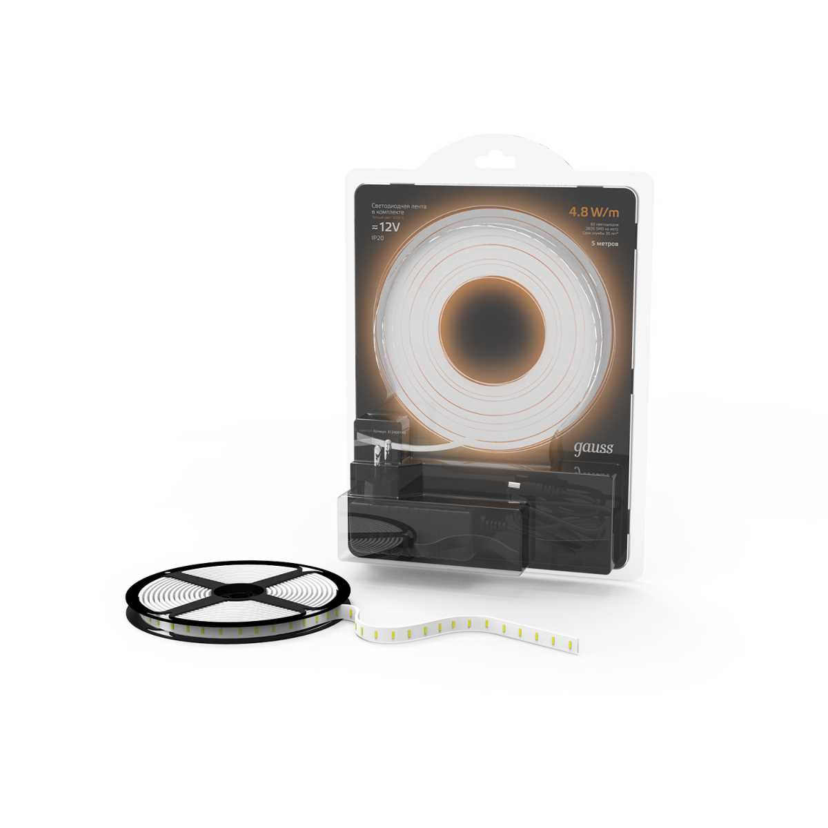 фото лента gauss 4,8w/m 60led/m 2835smd теплый белый 5m 312400148 | 220svet.ru
