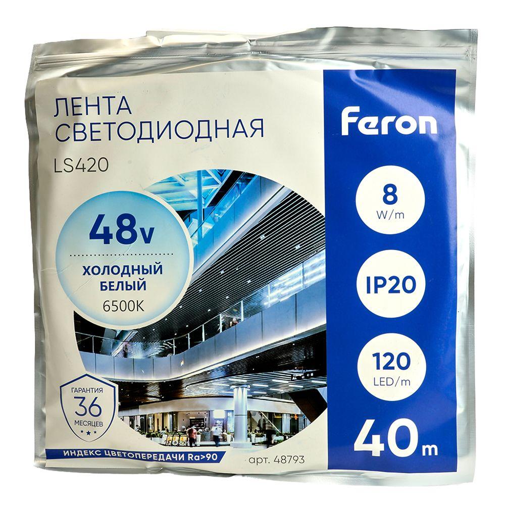 фото светодиодная лента feron 8w/m 120led/m 2835smd холодный белый 40m ls420 48793 | 220svet.ru
