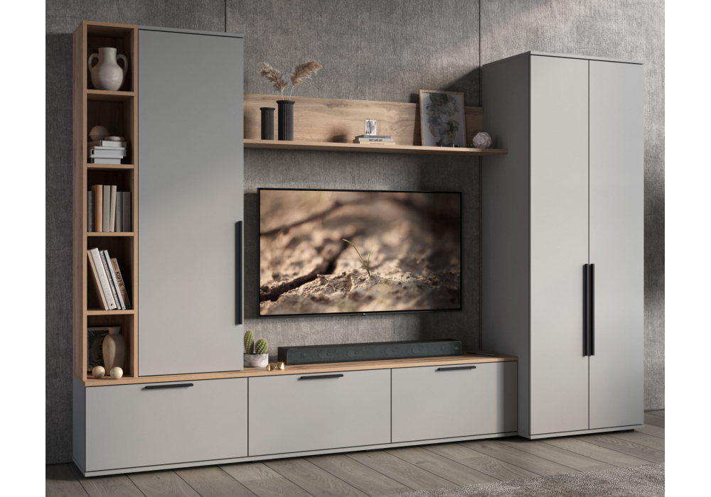 фото готовая гостиная комплектация 1 woodville филеста шиншилла серая / дуб вотан 664940 | 220svet.ru