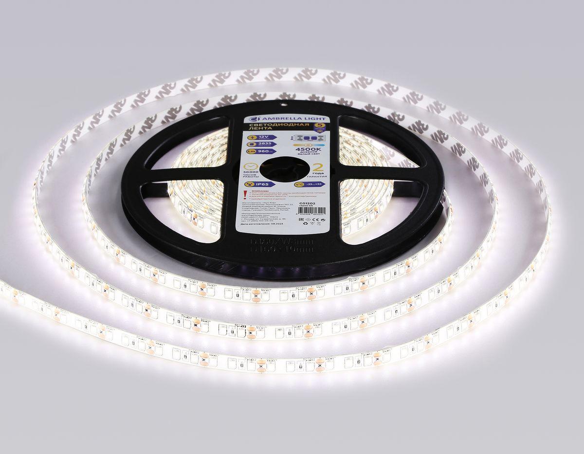фото светодиодная влагозащищенная лента дневной белый ambrella light 9,6w/m 120led/m 2835smd 4500к 5m gs1202 | 220svet.ru
