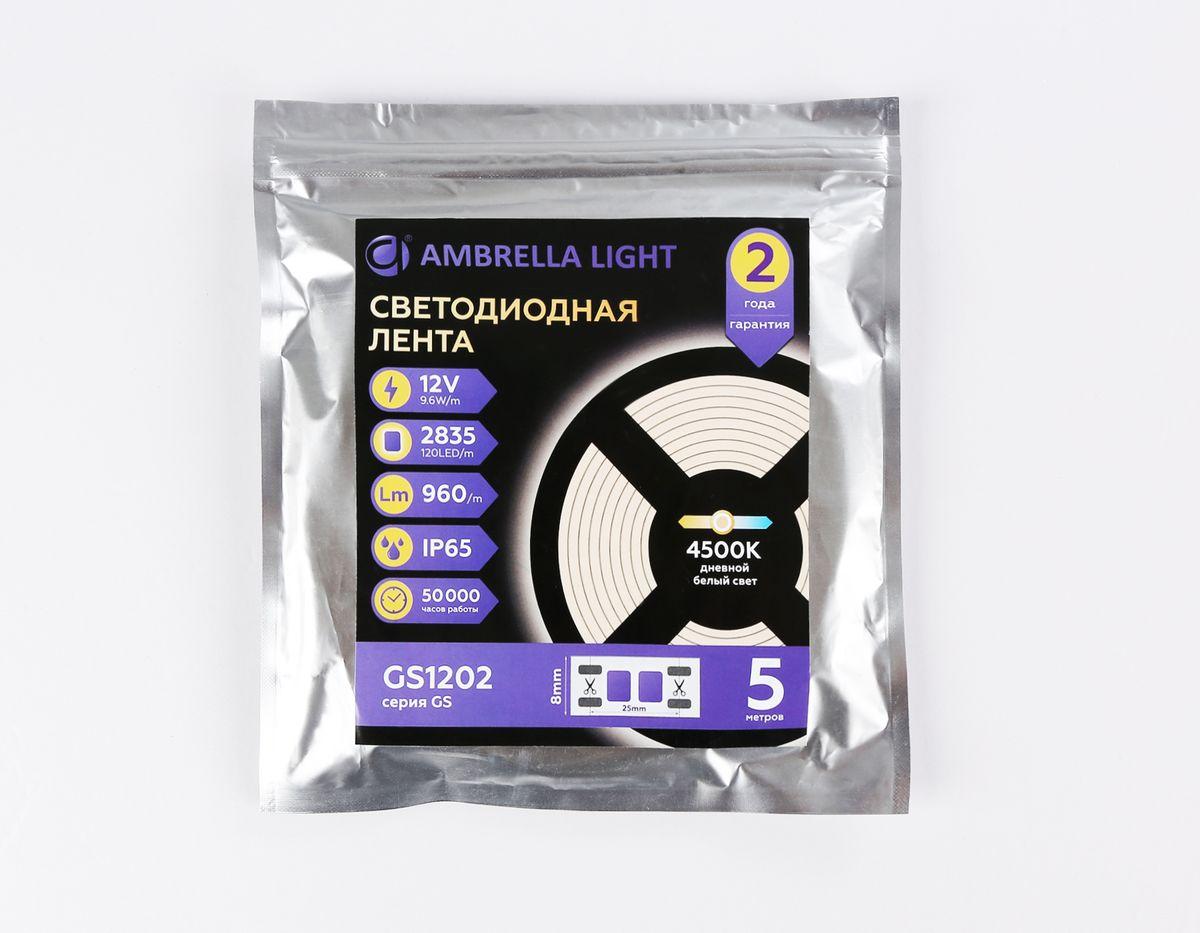 фото светодиодная влагозащищенная лента дневной белый ambrella light 9,6w/m 120led/m 2835smd 4500к 5m gs1202 | 220svet.ru
