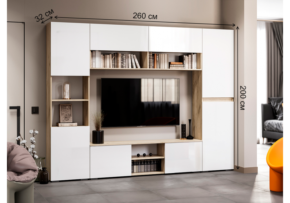 фото гостиная комплектация 2 woodville алетра дуб крафт серый / глянец белый 580878 | 220svet.ru